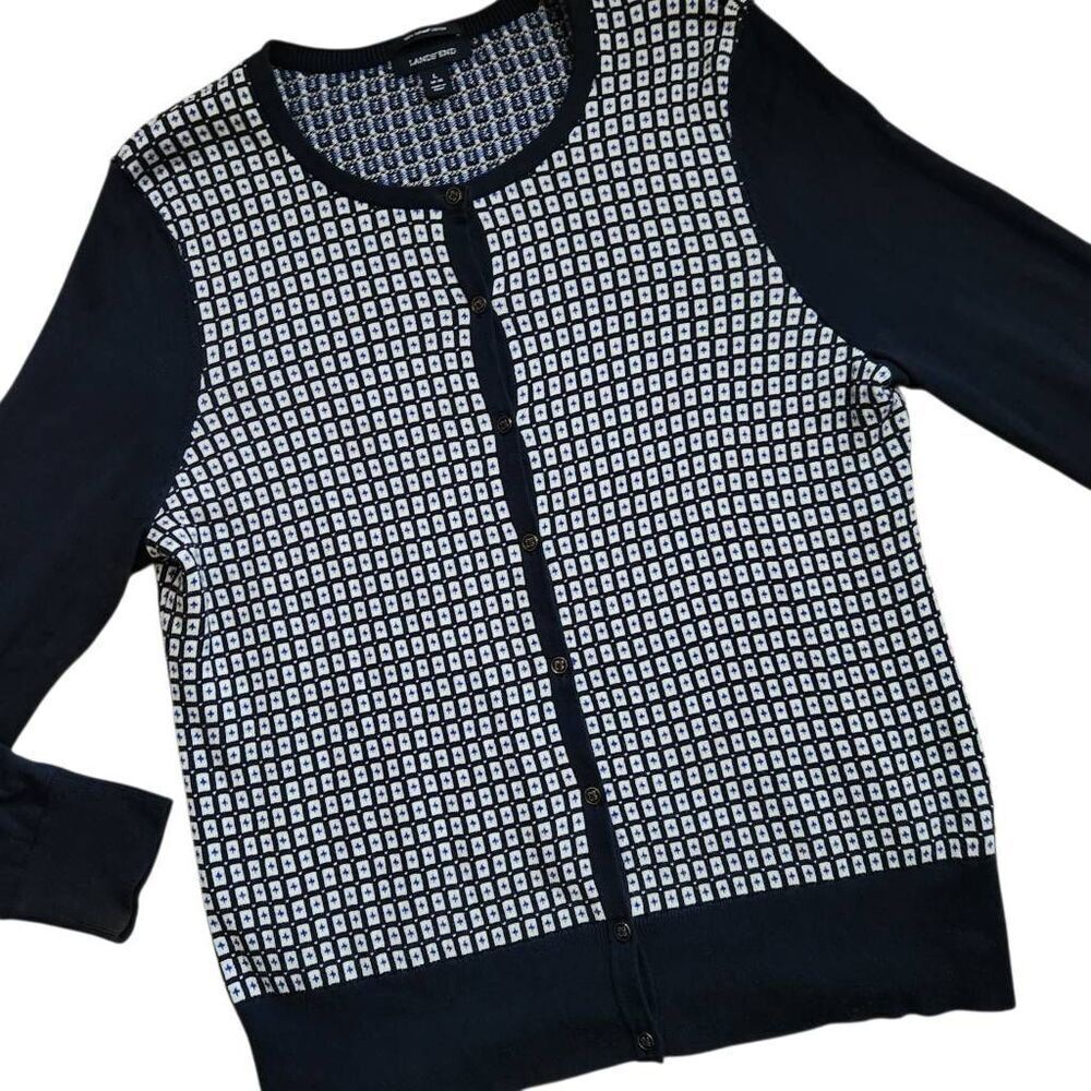 Lands End Sweater Cardigan Large Navy Blue ‎ Geometric Supima Cotton Academia